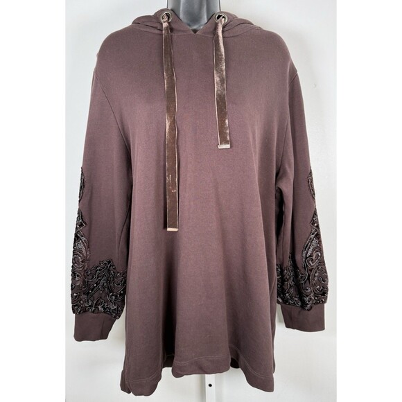 Soft Surroundings Tops - Soft Surroundings L Brown Hooded Tunic Length Velvet Trim Embellished Sleeves
